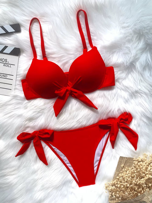 Sexy Front Bow Knot Push up Bikinis Two Pieces Solid Swimsuit Tie Bikini Swimsuit Swimwear Biquini Conjunto De Bikini Tankini