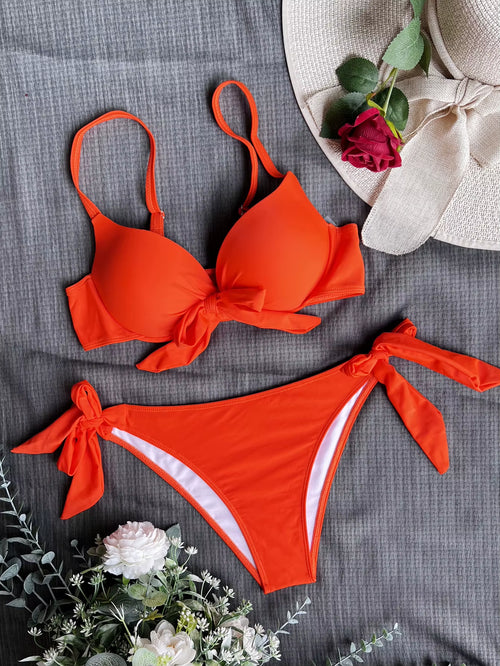 Sexy Front Bow Knot Push up Bikinis Two Pieces Solid Swimsuit Tie Bikini Swimsuit Swimwear Biquini Conjunto De Bikini Tankini