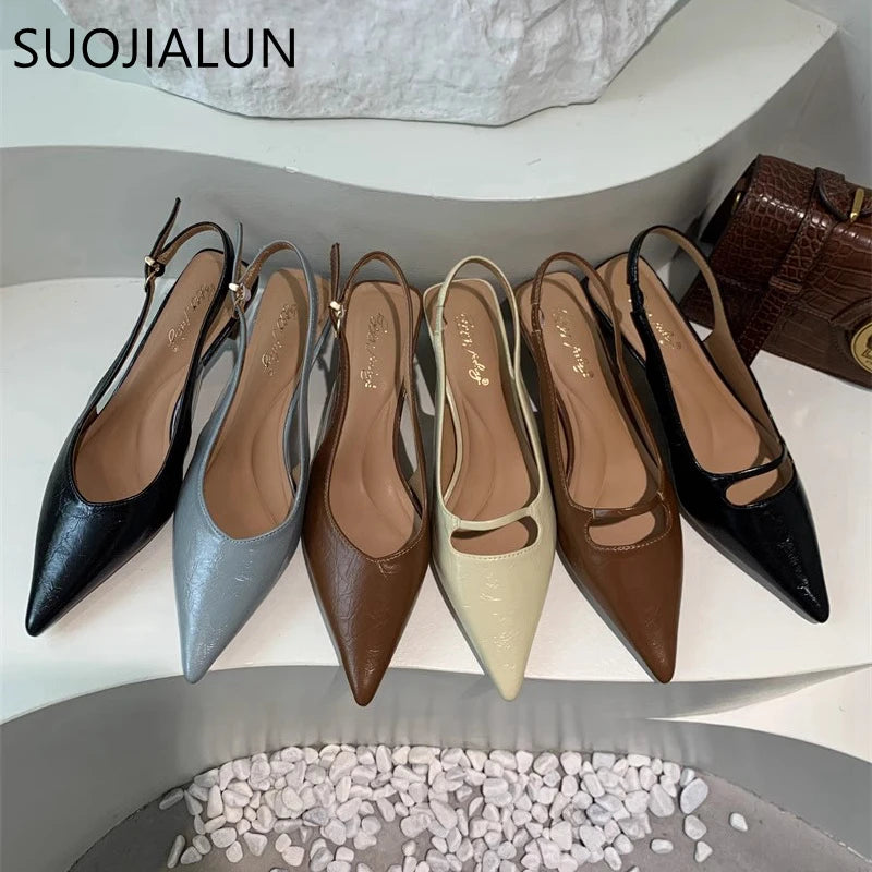 Summer New Women Sandal Fashion Pointed Toe Shallow Slip on Ladies Elegant Slingback Shoes Thin Med Heel Dress Mules